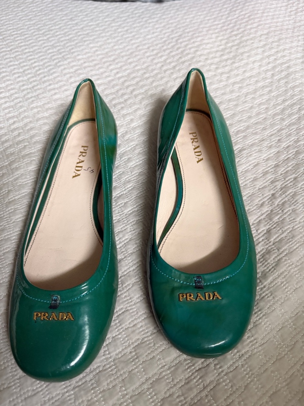 Prada Emerald Green Patent Leather Ballet Flats with Gold Logo
